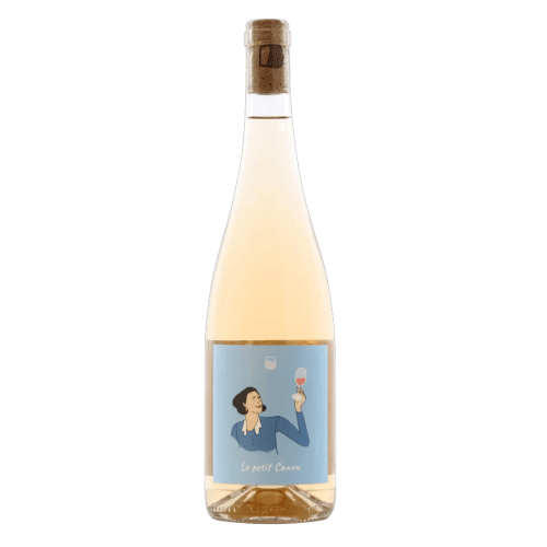 Transparent bottle of rosé with a woman on the label holding a glass of wine