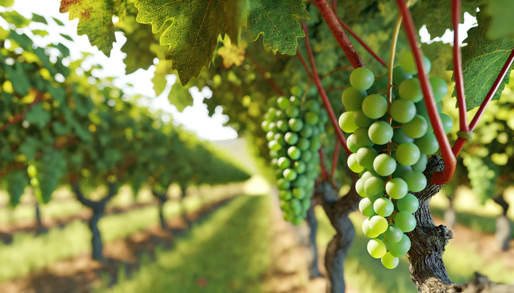 Grappe de raisin vert représentant les cépages migrateurs dans un vignoble