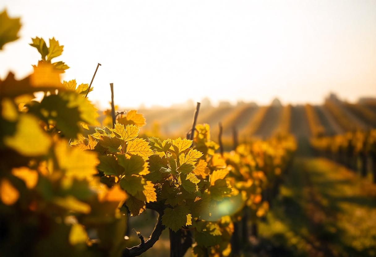 Rangées de vignes dorées au coucher de soleil dans la vallée du Layon, domaine Les Canons.