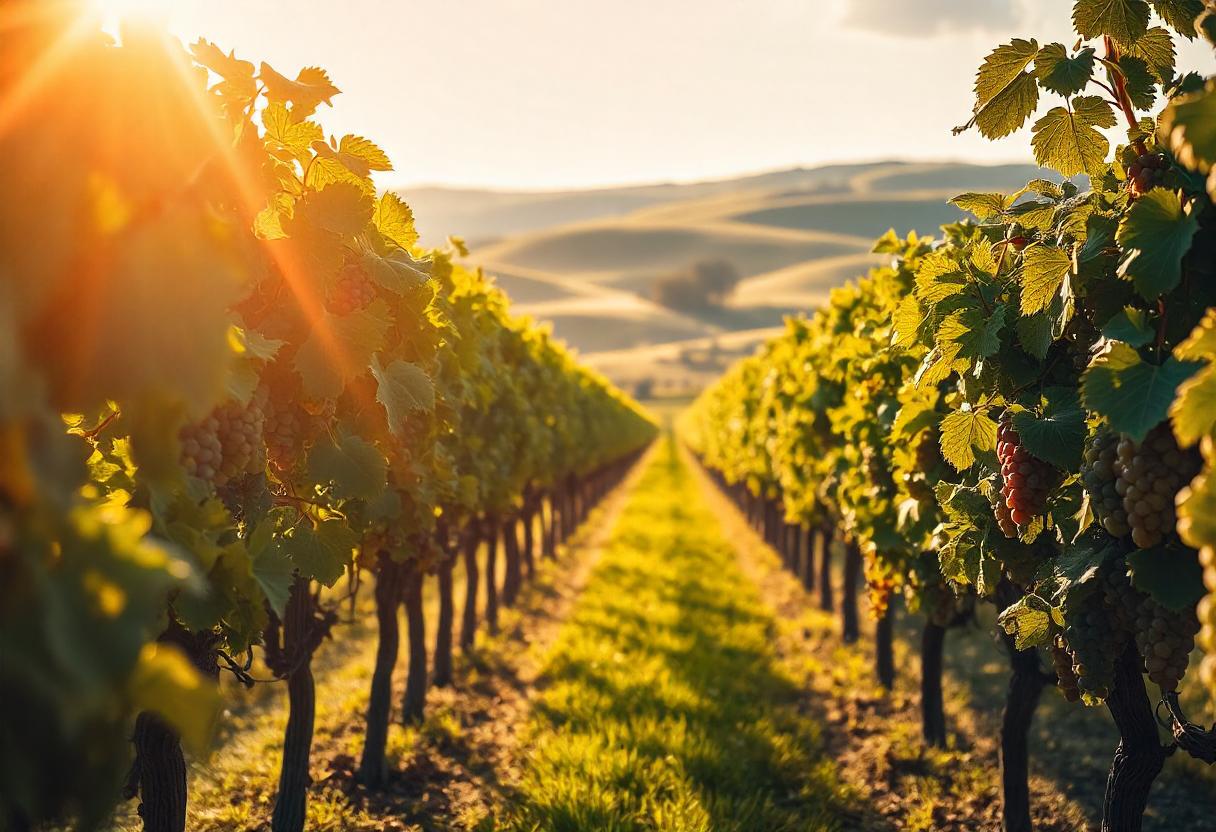 Rangées de vignes baignées de soleil avec des grappes de raisin mûres