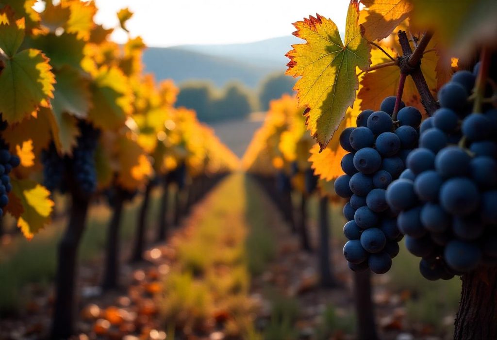 Grappe de raisins mûrs dans des vignes aux feuilles dorées, illuminées par la lumière du soir dans la vallée du Layon.