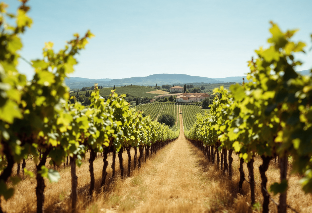 Vignoble ensoleillé avec rangées de vignes menant à un domaine viticole, sous un ciel clair.