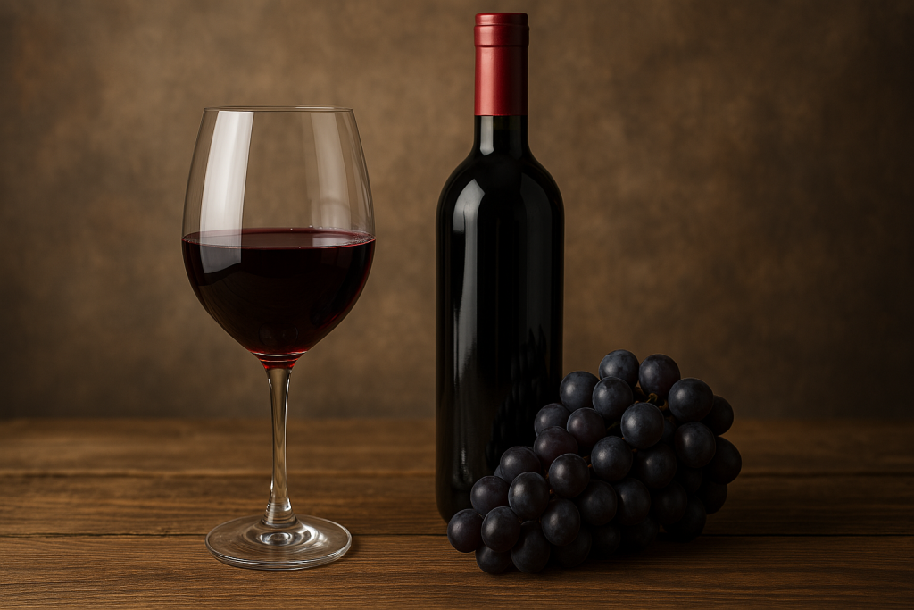 Verre de vin rouge, bouteille et grappe de raisins posés sur une table en bois rustique