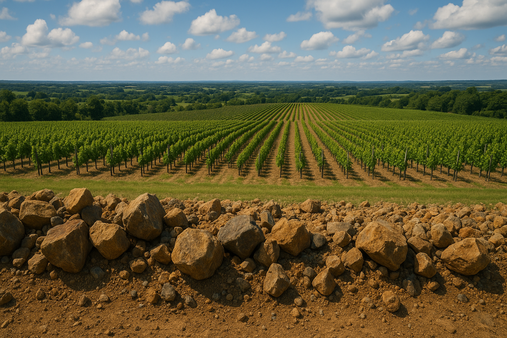 Vue réaliste en écran large des vignobles d’Anjou avec des sols caillouteux au premier plan, illustrant la diversité géologique qui compose le terroir.