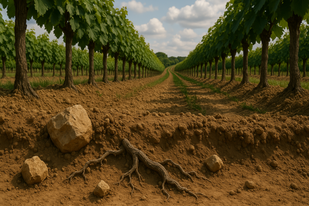 Gros plan réaliste en format sur la terre et les racines d’un vignoble d’Anjou, avec des pierres éparses et des rangs de vignes en arrière-plan.