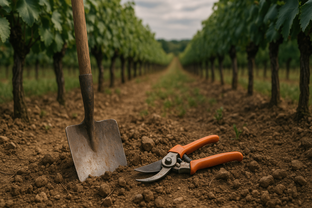Gros plan réaliste d’une pelle et d’un sécateur de viticulture posés sur une terre brune entre deux rangées de vignes verdoyantes, illustrant les outils essentiels du travail de la vigne.