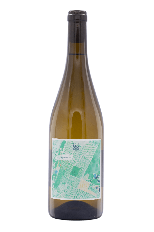 Bouteille de vin blanc de l'Anjou avec étiquette verte d'un plan de vigne
